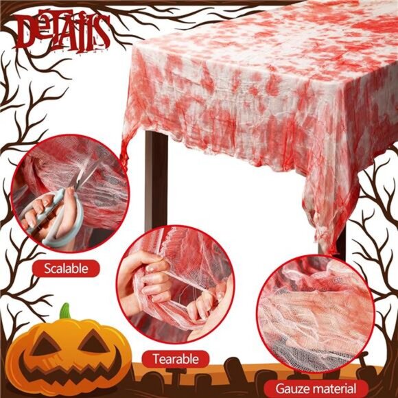 5 PCS Halloween Bloody Gauze Table Cover- 85" x 60"Bloody Handprint Rectangle - Picture 4 of 8